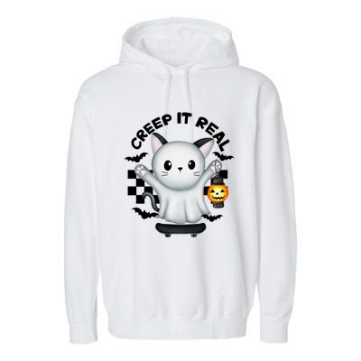 Ghost Cat Creep It Real Skateboarding Ghost Retro Halloween Gift Garment-Dyed Fleece Hoodie