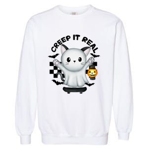 Ghost Cat Creep It Real Skateboarding Ghost Retro Halloween Gift Garment-Dyed Sweatshirt