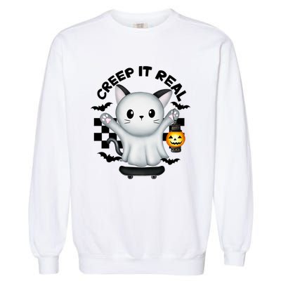 Ghost Cat Creep It Real Skateboarding Ghost Retro Halloween Gift Garment-Dyed Sweatshirt