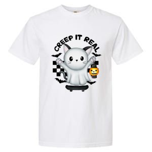 Ghost Cat Creep It Real Skateboarding Ghost Retro Halloween Gift Garment-Dyed Heavyweight T-Shirt