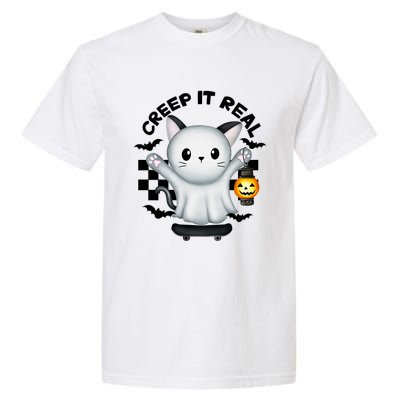 Ghost Cat Creep It Real Skateboarding Ghost Retro Halloween Gift Garment-Dyed Heavyweight T-Shirt