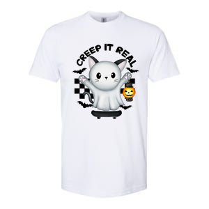 Ghost Cat Creep It Real Skateboarding Ghost Retro Halloween Gift Softstyle CVC T-Shirt