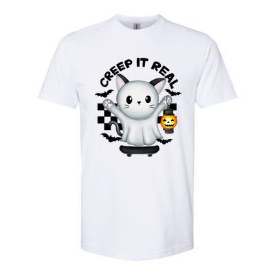 Ghost Cat Creep It Real Skateboarding Ghost Retro Halloween Gift Softstyle CVC T-Shirt