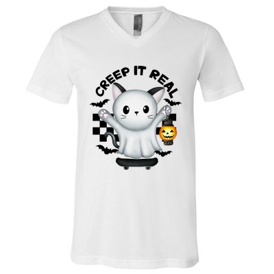 Ghost Cat Creep It Real Skateboarding Ghost Retro Halloween Gift V-Neck T-Shirt