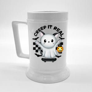 Ghost Cat Creep It Real Skateboarding Ghost Retro Halloween Gift Beer Stein