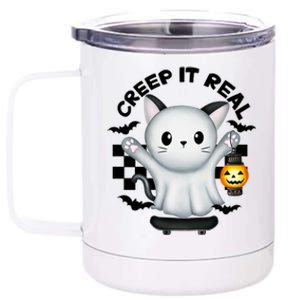 Ghost Cat Creep It Real Skateboarding Ghost Retro Halloween Gift 12 oz Stainless Steel Tumbler Cup