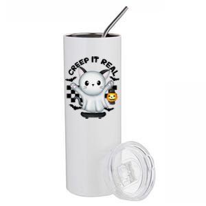 Ghost Cat Creep It Real Skateboarding Ghost Retro Halloween Gift Stainless Steel Tumbler