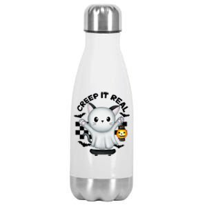 Ghost Cat Creep It Real Skateboarding Ghost Retro Halloween Gift Stainless Steel Insulated Water Bottle