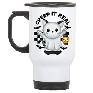 Ghost Cat Creep It Real Skateboarding Ghost Retro Halloween Gift Stainless Steel Travel Mug