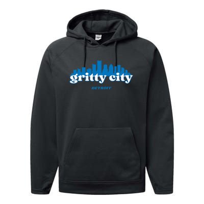 Gritty City Detroit Michigan Blue And White Performance Fleece Hoodie