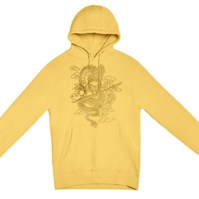 Gold Chinese Dragon With Black Background Premium Pullover Hoodie