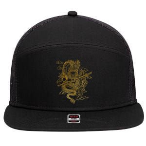 Gold Chinese Dragon With Black Background 7 Panel Mesh Trucker Snapback Hat