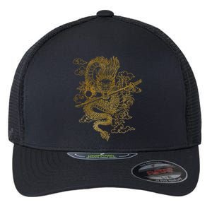 Gold Chinese Dragon With Black Background Flexfit Unipanel Trucker Cap