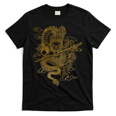 Gold Chinese Dragon With Black Background T-Shirt