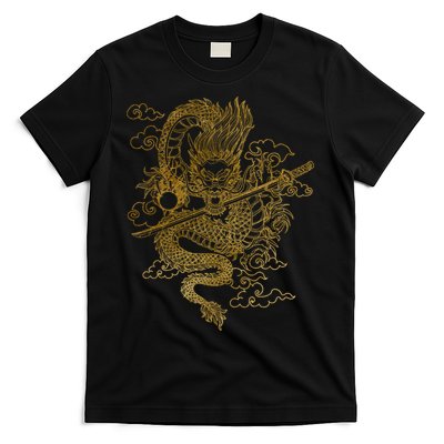Gold Chinese Dragon With Black Background T-Shirt