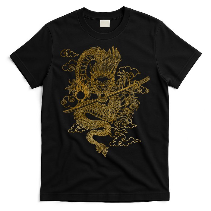 Gold Chinese Dragon With Black Background T-Shirt