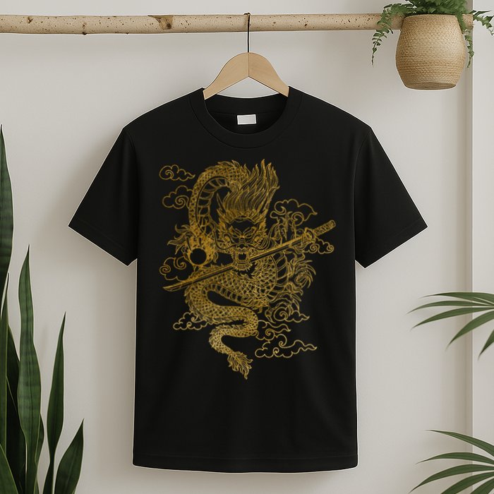 Gold Chinese Dragon With Black Background T-Shirt
