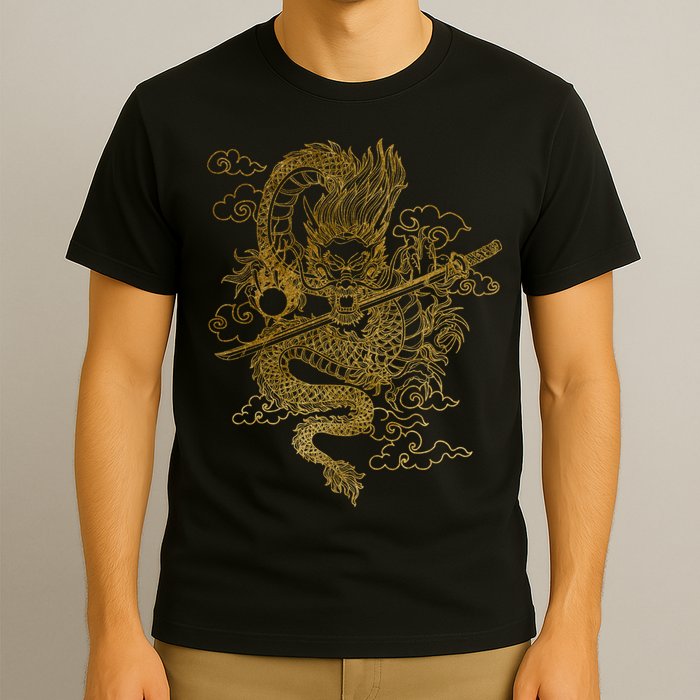 Gold Chinese Dragon With Black Background T-Shirt