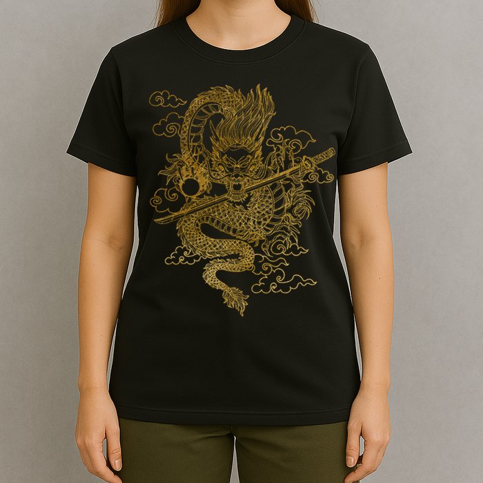 Gold Chinese Dragon With Black Background T-Shirt