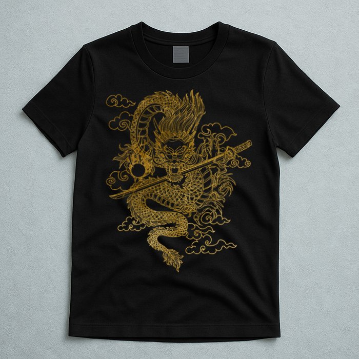 Gold Chinese Dragon With Black Background T-Shirt