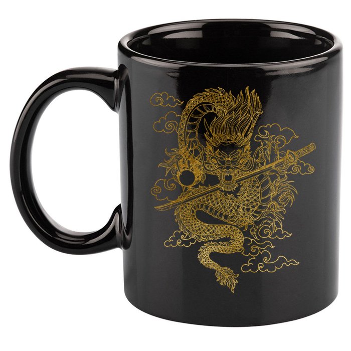 Gold Chinese Dragon With Black Background 11oz C Handle Ceramic Mug