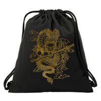 Gold Chinese Dragon With Black Background Drawstring Bag