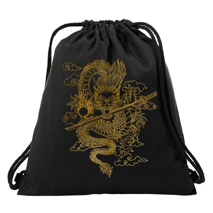 Gold Chinese Dragon With Black Background Drawstring Bag