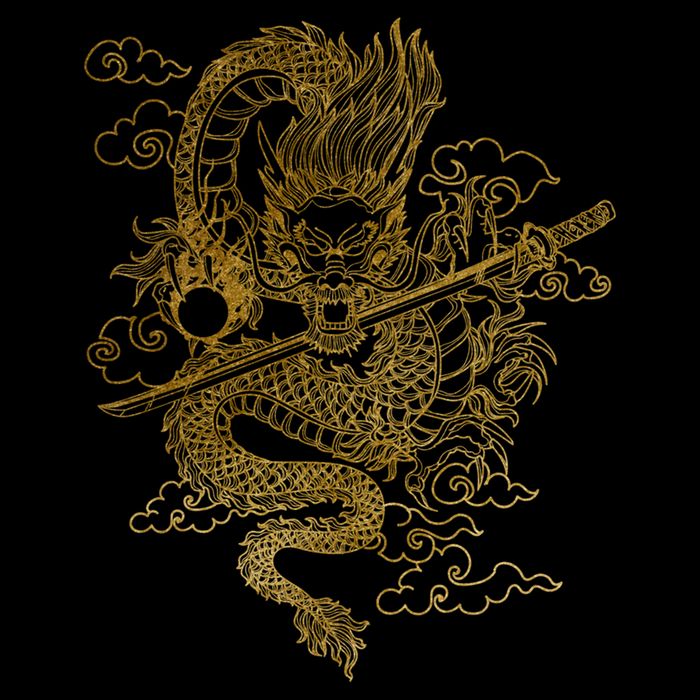 Gold Chinese Dragon With Black Background Flat Bill Trucker Hat