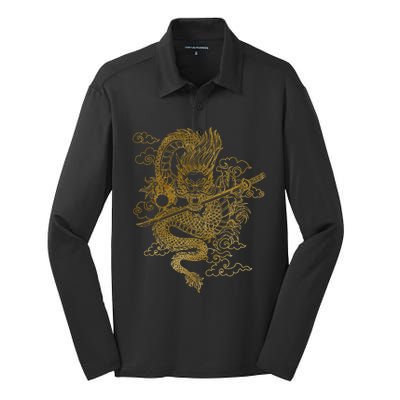 Gold Chinese Dragon With Black Background Silk Touch Performance Long Sleeve Polo