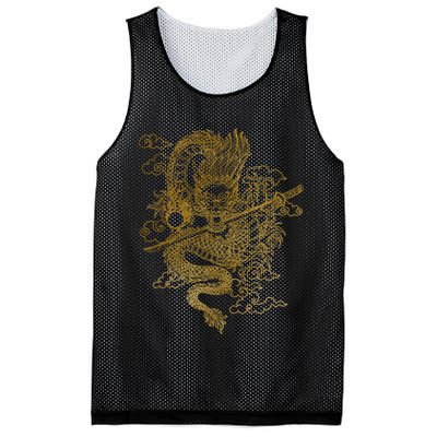 Gold Chinese Dragon With Black Background Mesh Reversible Basketball Jersey Tank