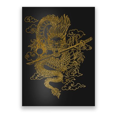 Gold Chinese Dragon With Black Background Poster