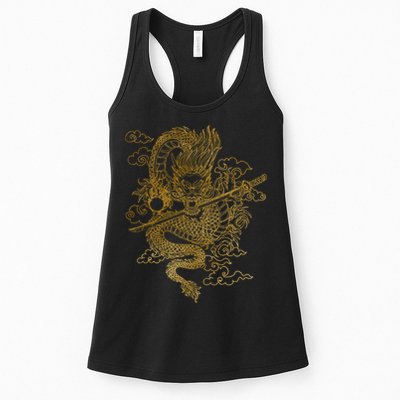 Gold Chinese Dragon With Black Background Womens Tank Top