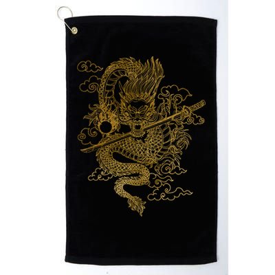 Gold Chinese Dragon With Black Background Golf Towel