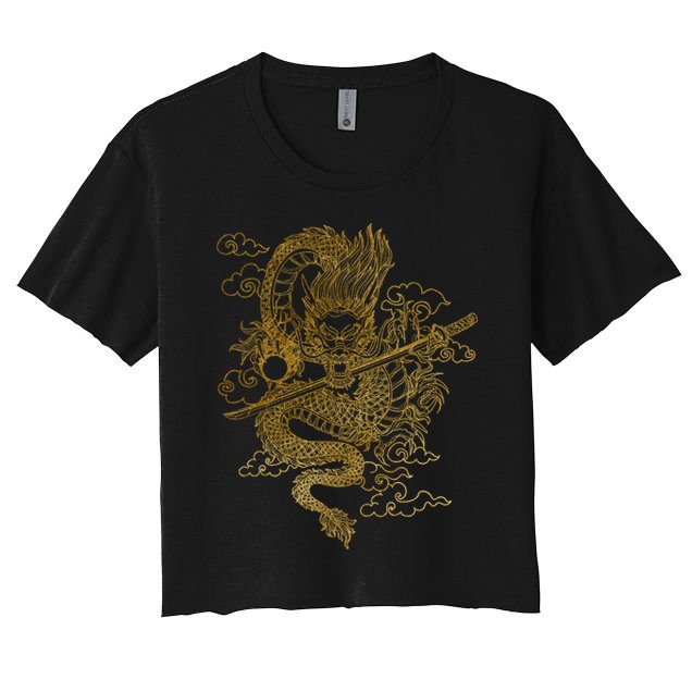 Gold Chinese Dragon With Black Background Women's Crop Top Tee