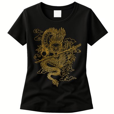 Gold Chinese Dragon With Black Background Womens T-Shirt