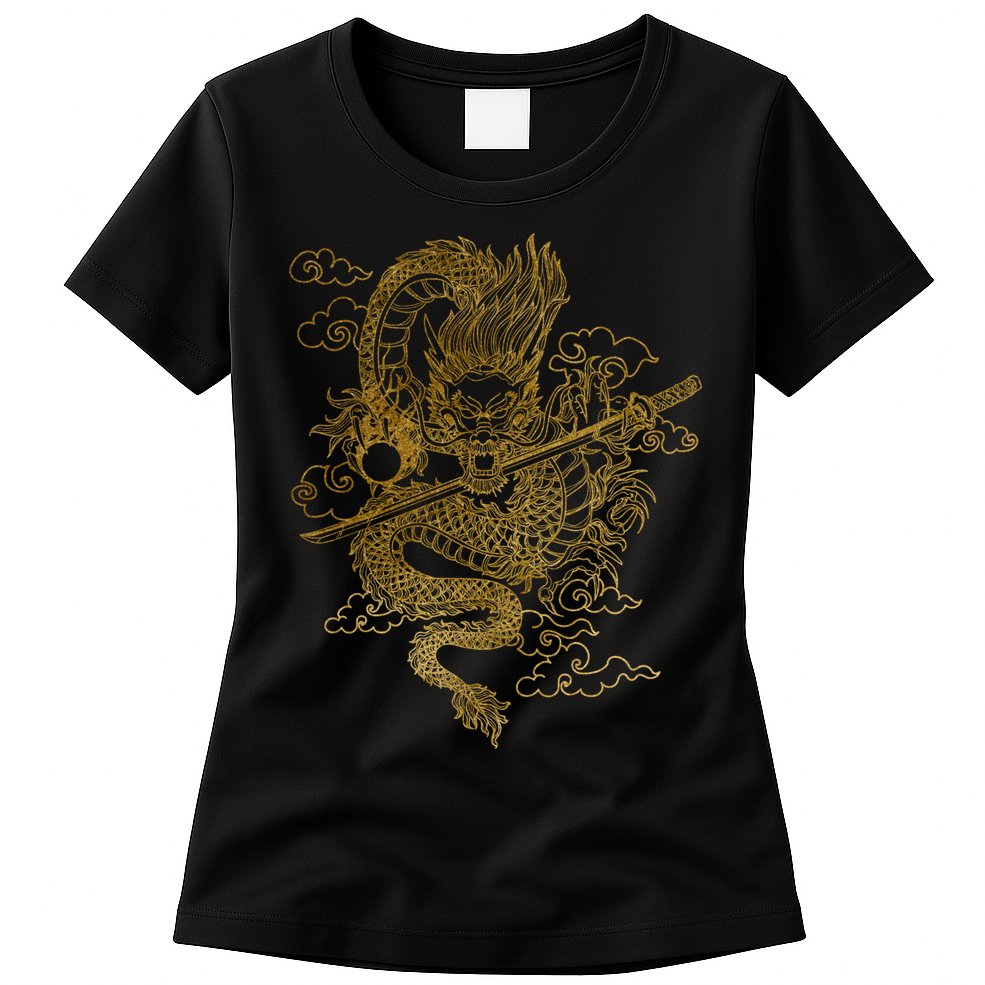 Gold Chinese Dragon With Black Background Womens T-Shirt