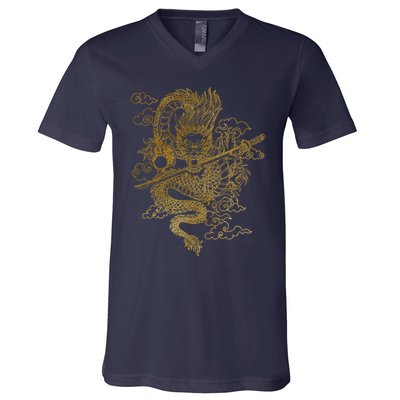 Gold Chinese Dragon With Black Background V-Neck T-Shirt