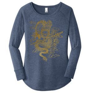 Gold Chinese Dragon With Black Background Women's Perfect Tri Tunic Long Sleeve Shirt