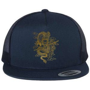 Gold Chinese Dragon With Black Background Flat Bill Trucker Hat