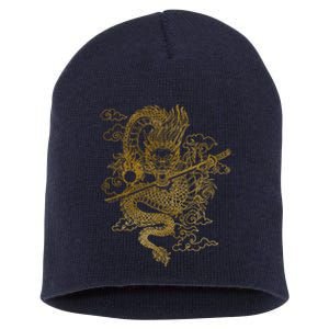 Gold Chinese Dragon With Black Background Short Acrylic Beanie