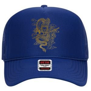 Gold Chinese Dragon With Black Background High Crown Mesh Back Trucker Hat