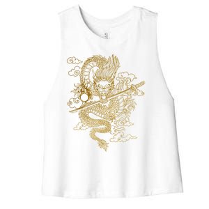 Gold Chinese Dragon With Black Background Women's Racerback Cropped Tank