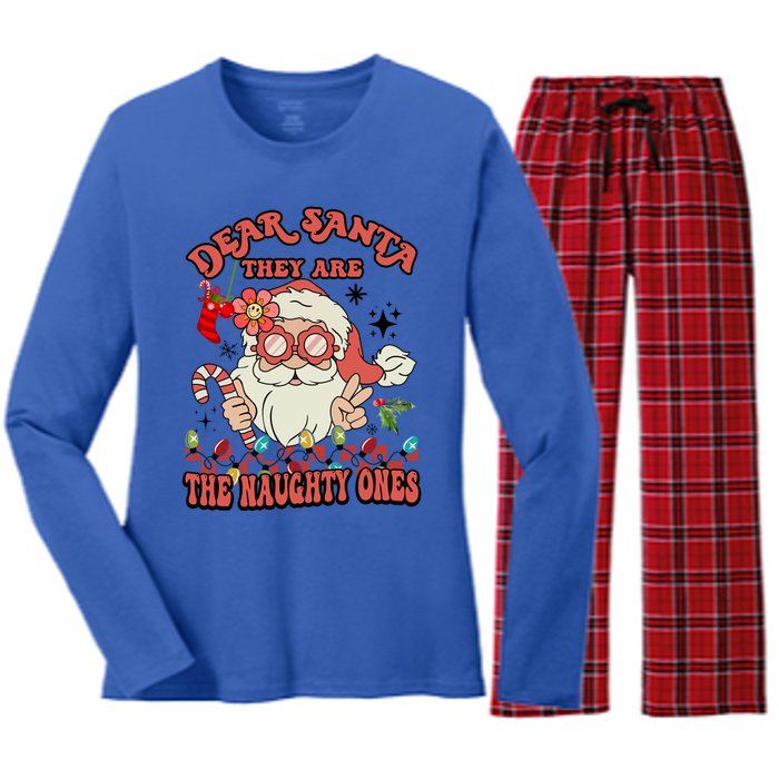 Groovy Christmas Dear Santa They Are The Naughty Ones Cool Gift Women's Long Sleeve Flannel Pajama Set 