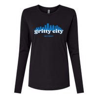 Gritty City Detroit Michigan Blue And White Womens Cotton Relaxed Long Sleeve T-Shirt