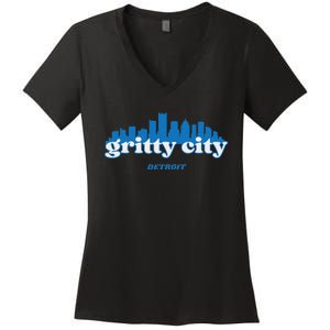 Gritty City Detroit Michigan Blue And White Women's V-Neck T-Shirt