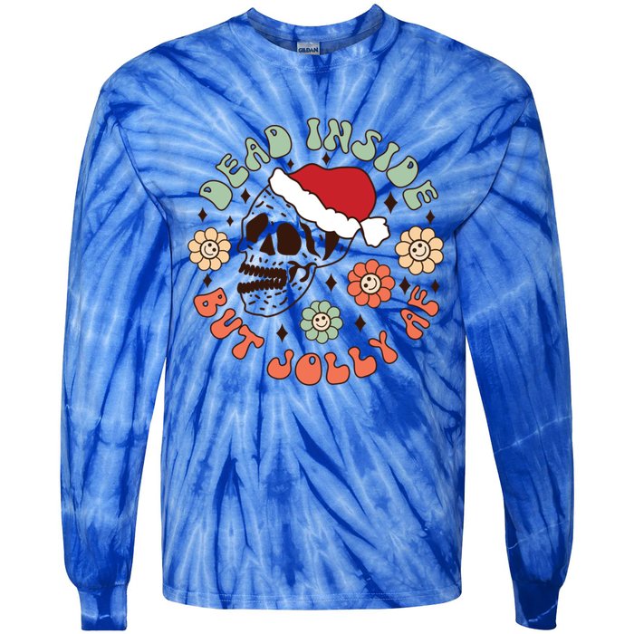 Groovy Christmas Funny Skeleton Dead Inside But Jolly Af Gift Tie-Dye Long Sleeve Shirt