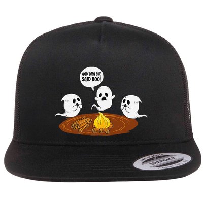 Ghost Campfire Funny Halloween Flat Bill Trucker Hat