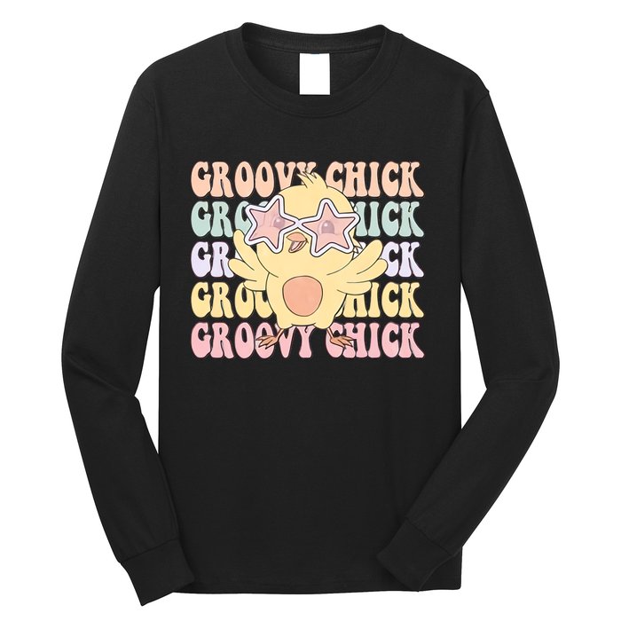 Groovy Chick Funny Retro Cute Chicken With Star Glasses Farming Farmer Long Sleeve Shirt