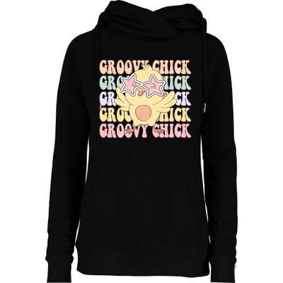 Groovy Chick Funny Retro Cute Chicken With Star Glasses Farming Farmer Womens Funnel Neck Pullover Hood