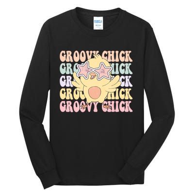 Groovy Chick Funny Retro Cute Chicken With Star Glasses Farming Farmer Tall Long Sleeve T-Shirt